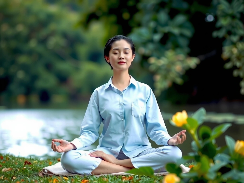 Persona serena meditando en la naturaleza, simbolizando paz mental