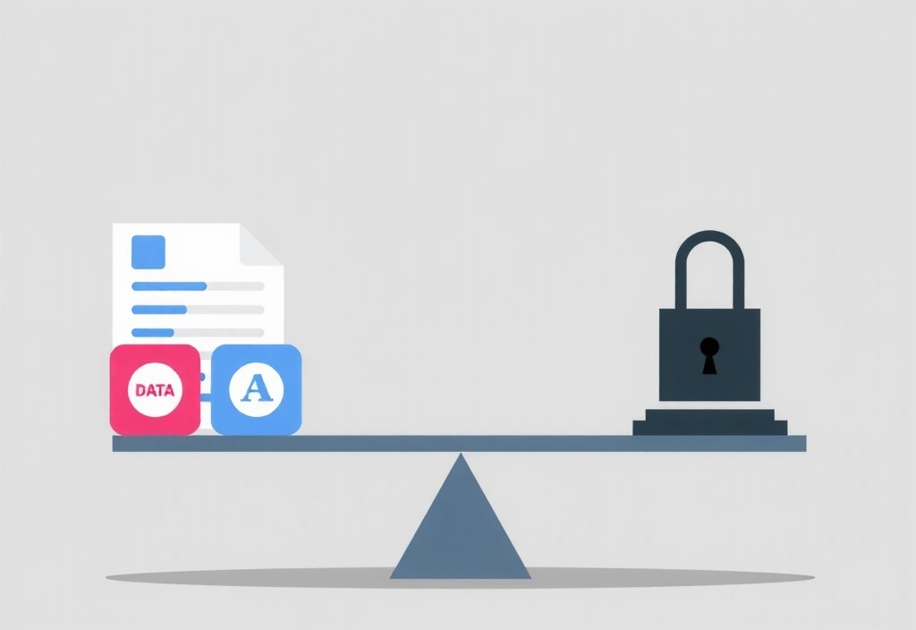 Ilustración de una balanza de la justicia con datos y un candado, simbolizando la compartición de datos éticos y legales